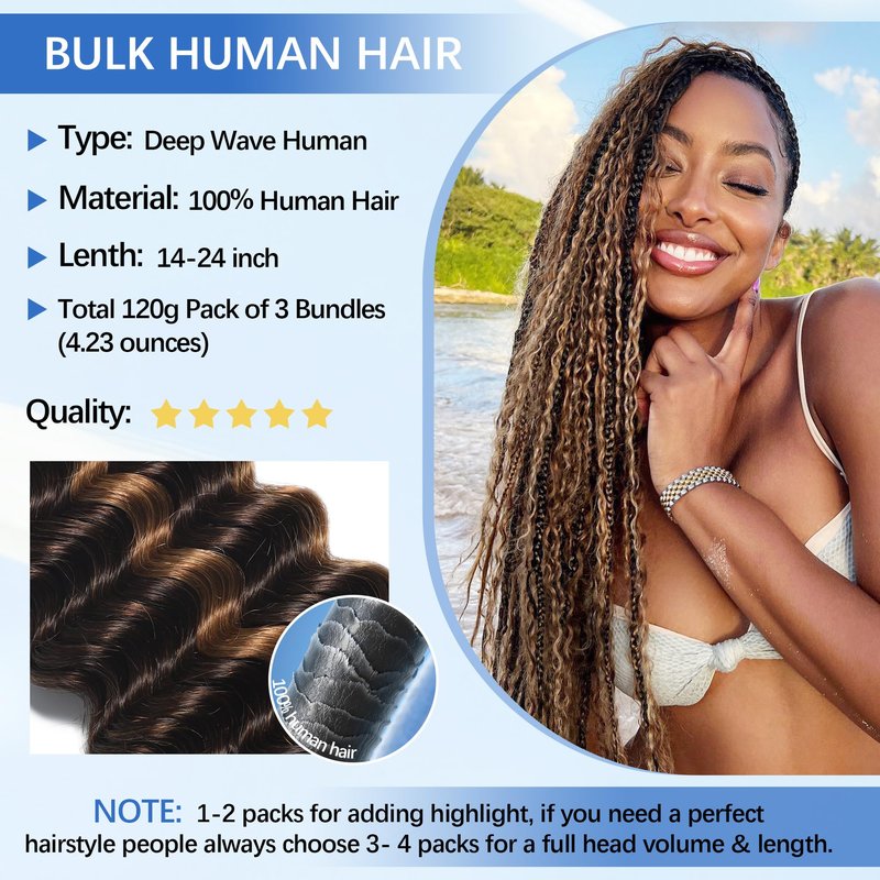 Human Braiding Hair for Boho Braids 18Inch 120g 12A Deep Water Wave Braiding Hair for Curly Boho Hair Braiding Knotless Bulk Bohemian Natural Black