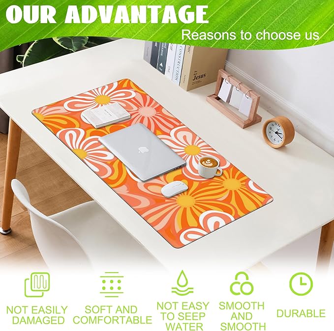 Eflxamz Desk Pad,Hippie Vintage Orange Flowers Desk Mat,Retro Floral Large Gaming Mouse Pad for Desk,Extended Big Computer Keyboard Mouse Pad with Non-Slip Base and Stitched Edge,35.4"x15.7"