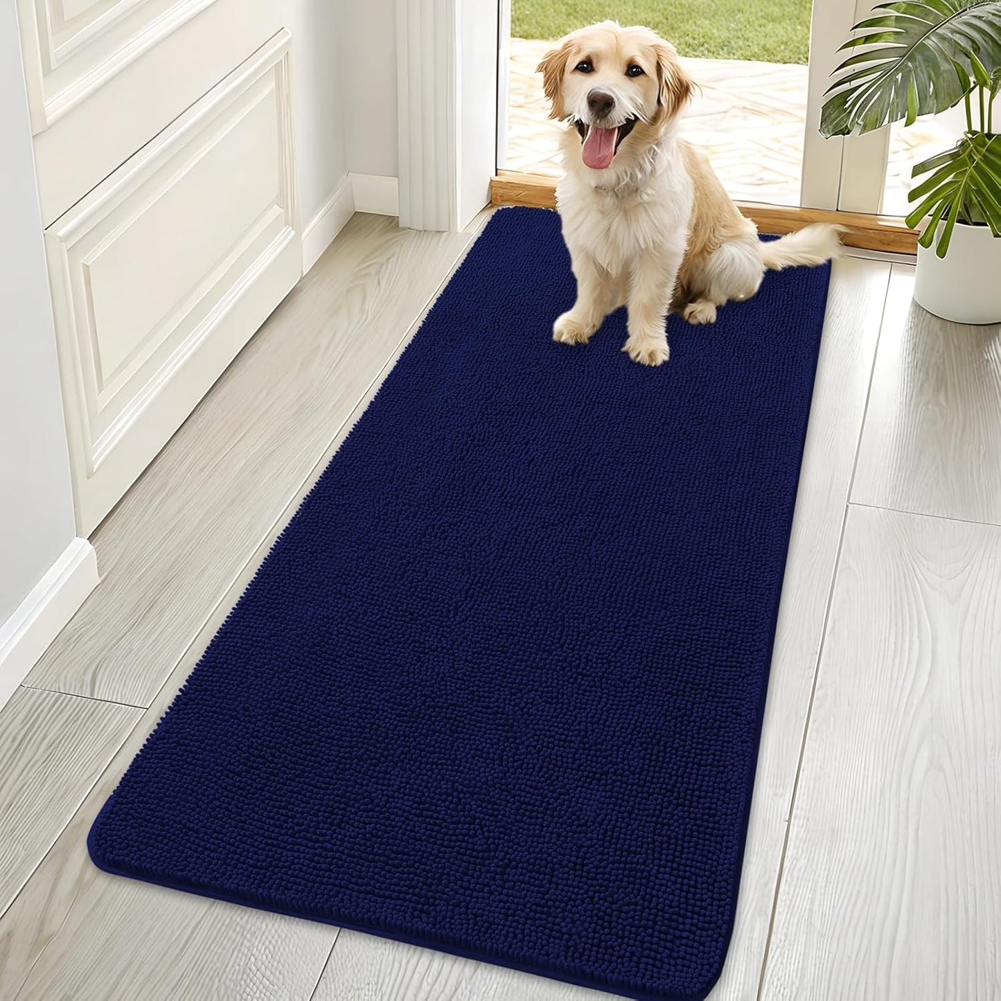 OLANLY Dog Door Mat - Absorbent Non-Slip Mud Mat for Indoor Use | 70x35, Navy Blue, Quick Dry Chenille