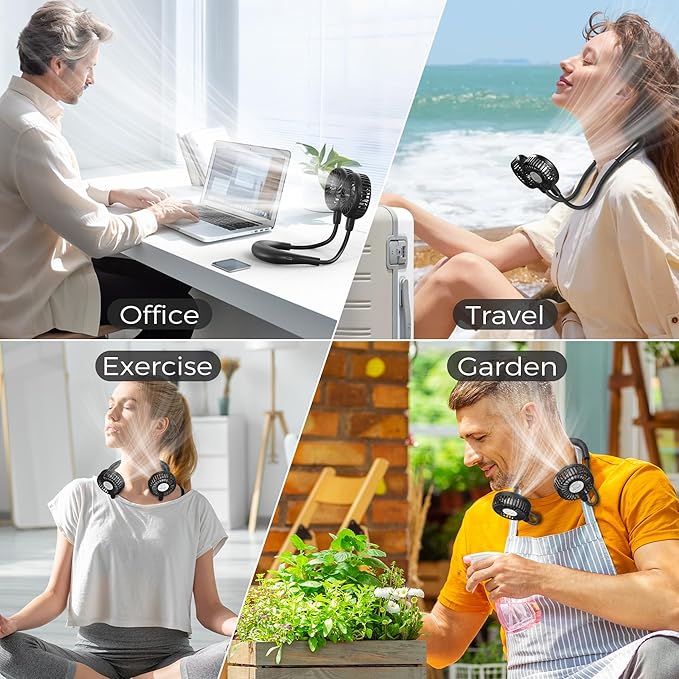 Portable Neck Fan, 5000mAh Rechargeable Battery Powered, 3 Speeds, 360°Adjustable, Double Cooling, Hands-Free Personal Wearable USB Neckband Fan for Home Office Outdoor Travel Sports