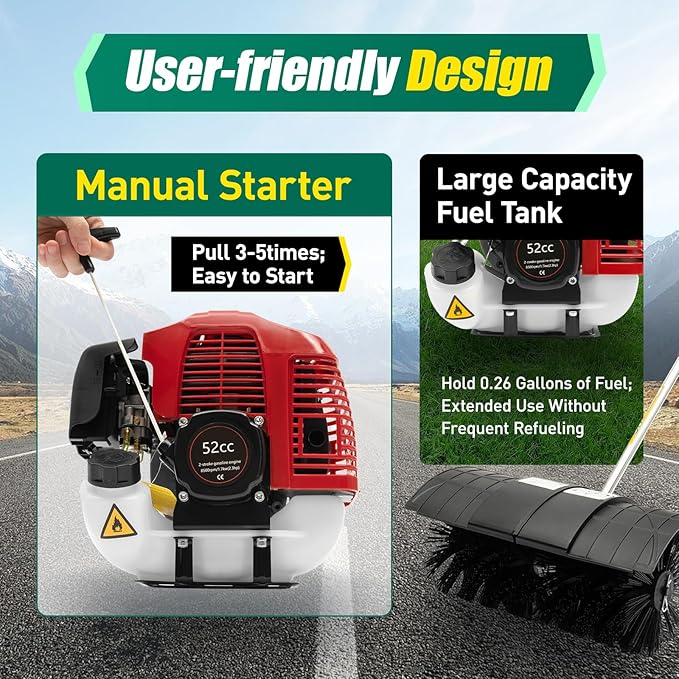 52cc Handheld Lawns Sweeper 2-Stroke Air Cooled Fuel Engine Gas Power Sweeping Broom Machine for Artificial Turf Grass, Gravel, Snow Cleaning, Yard, Road, Heavy Duty Leaf Sweeper, US Stock