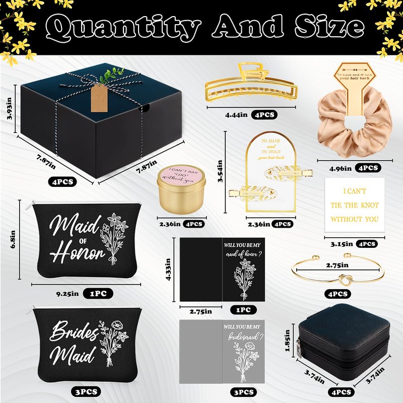 CITYCHALET 49Pcs Bridesmaid Gifts Set of 4 Black,Maid of Honor Proposal Gift Boxes Set,Cosmetic Bag Scented Candle Jewelry Box Metal Hair Clip Knot Bracelet Bachelorette Party Bridal Shower