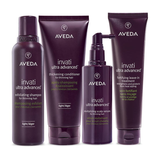 Aveda Invati Ultra Advanced Light 4-Step System | Exfoliating Shampoo, Thickening Conditioner, Revitalizing Scalp Serum, Fortifying Leave-In Treatment | Reduces Hair Loss by 77%*