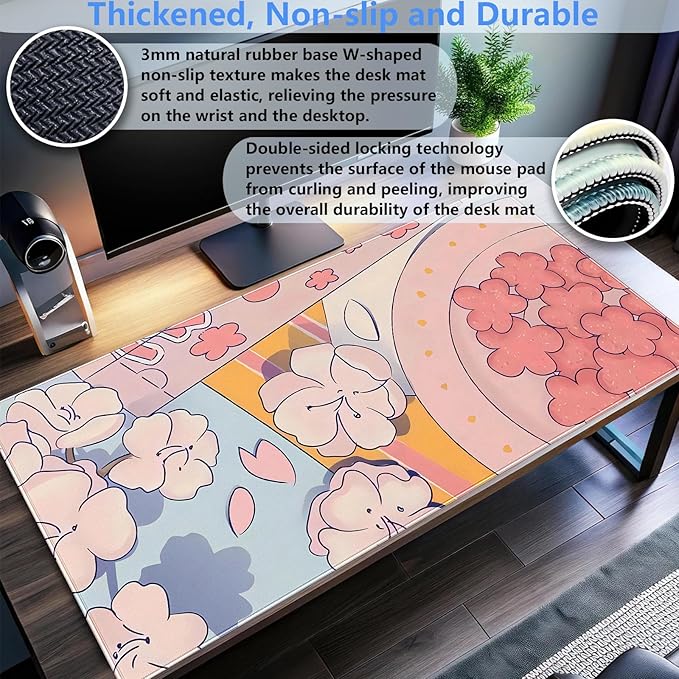 Pink Sakura Desk Mat, Kawaii Floral XXL Large Gaming Mouse Pad