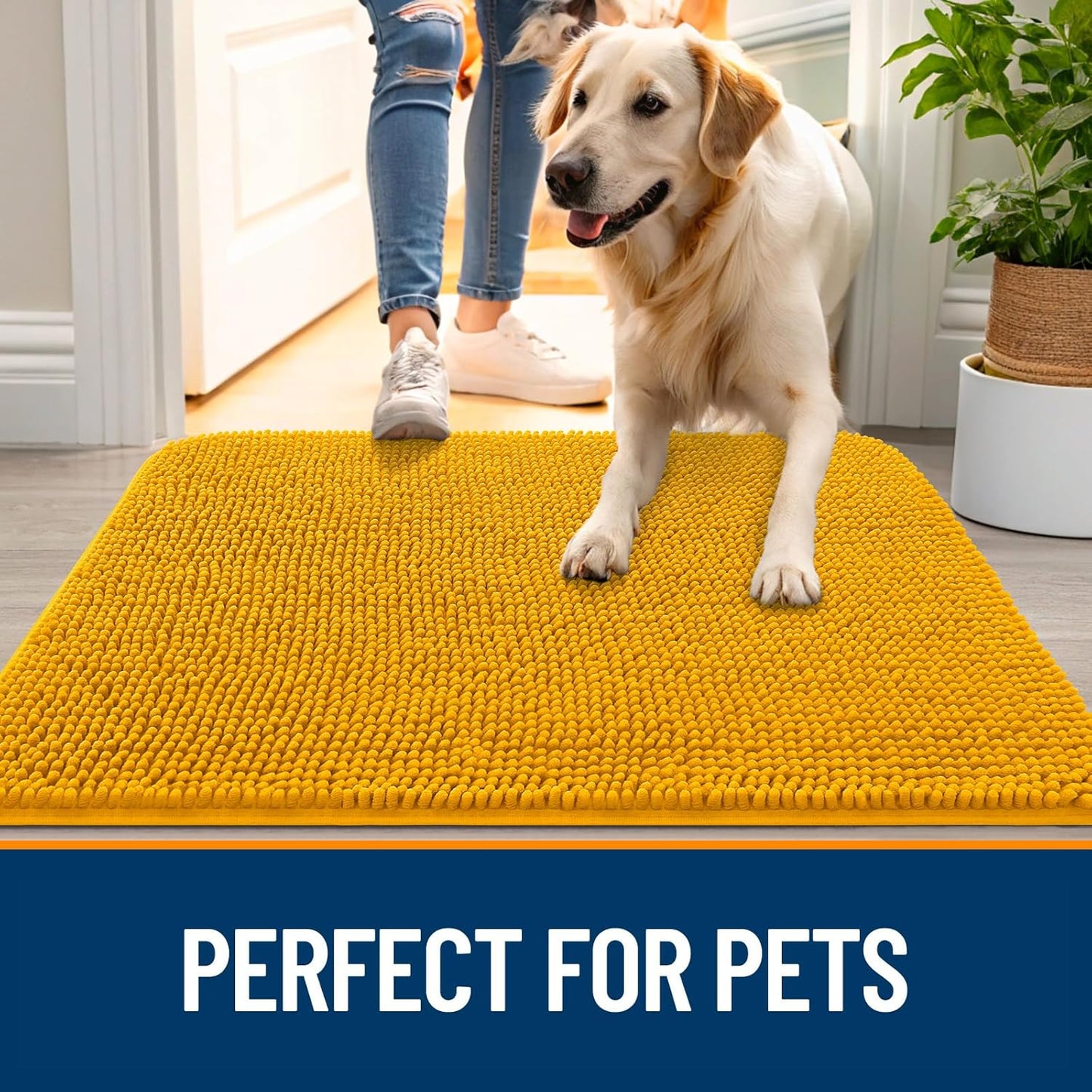 OLANLY Dog Door Mat - Absorbent Non-Slip Mud Mat for Muddy Paws | 59x20 Inches, Quick Dry Chenille, Golden Yellow