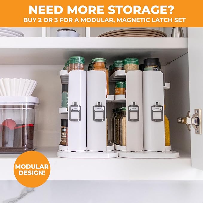 Cabinet Caddy SNAP! Spice Rack Organizer for Cabinet - Slide & Rotate Seasoning Organizer - 4 Snap-In Adjustable Shelves for 5 Tier of Storage - Magnetic Modular Design - 8.9âH x 6.1âW x 10.8âD