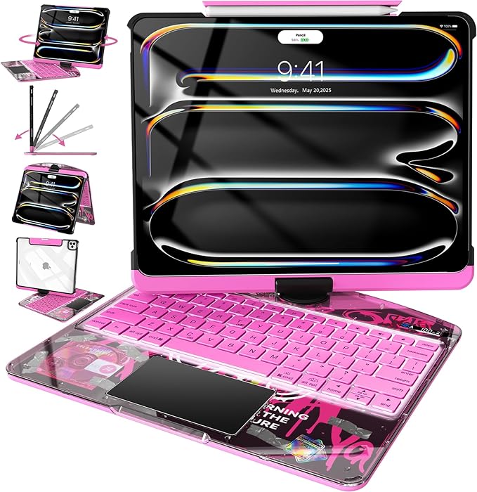Intermerge Transparent Keyboard Case for iPad Pro 11"(M5,2025/ M4,2024), 360° Rotating Multi-Touch Trackpad, 7-Color Backlit Keyboard, Pencil Holder, Type-C Charging, Blush Pulse