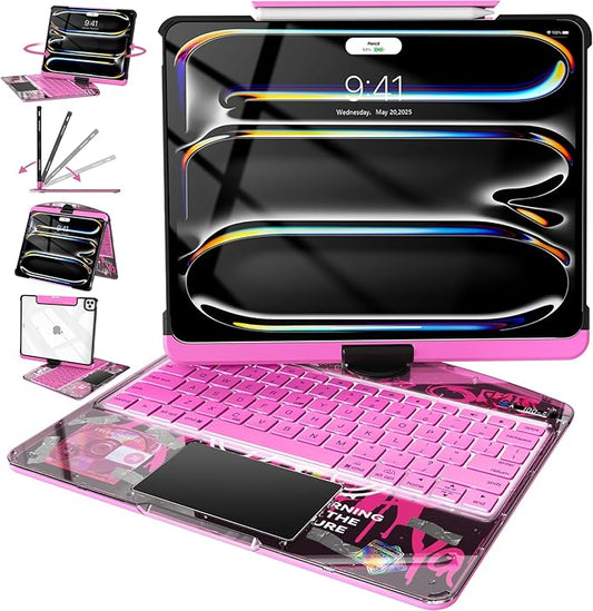 Intermerge Transparent Keyboard Case for iPad Pro 11"(M5,2025/ M4,2024), 360° Rotating Multi-Touch Trackpad, 7-Color Backlit Keyboard, Pencil Holder, Type-C Charging, Blush Pulse