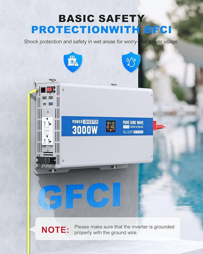 ASMONTRIC 3000W Pure Sine Wave Power Inverter 12V DC to 120V AC Converter 6000 Watt Peak Power Multi-Display Screen with 2 GFCI Outlet 30W USB and 18W Type-C for Car RV Truck Boat Off-Grid, Gray Blue