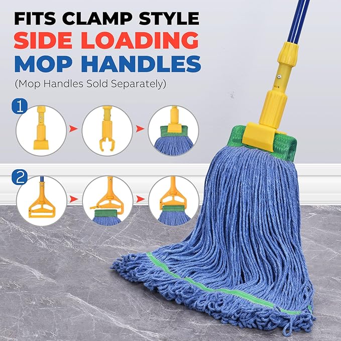 Onesimus 18 oz Heavy Duty Mop Head Replacement, 5 Inch Headband for Quick Change Handle, Blue Loop-End Cotton Blend String Wet Dry Floor Mop Refill Commercial Cleaning Supplies, 6 Pack Medium