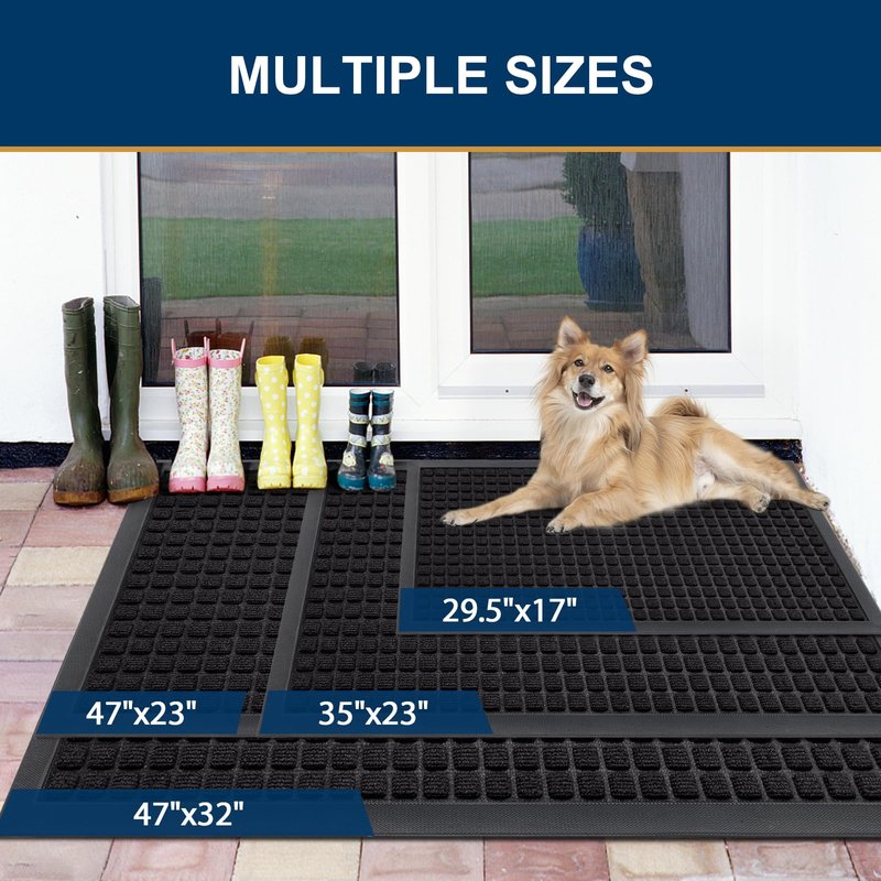 Smiry Front Door Mat Outside Entrance, Heavy Duty Natural Rubber Doormat, Non Slip, Trap Dirt and Moisture, Easy Clean, Low Profile Welcome Floor Mats for Indoor Outdoor Entry, 35x23 Inch, Black