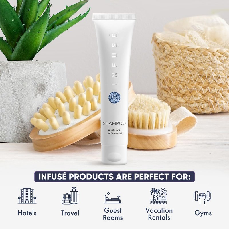 Travel Size Hotel Shampoo 20 Count 1 oz Bottles Guest Amenities for Hotels Vacation Rentals and Short Term Rentals Paraben Free White Tea and Coconut Scent Infused with Aloe and Olive Oil by INFUSE