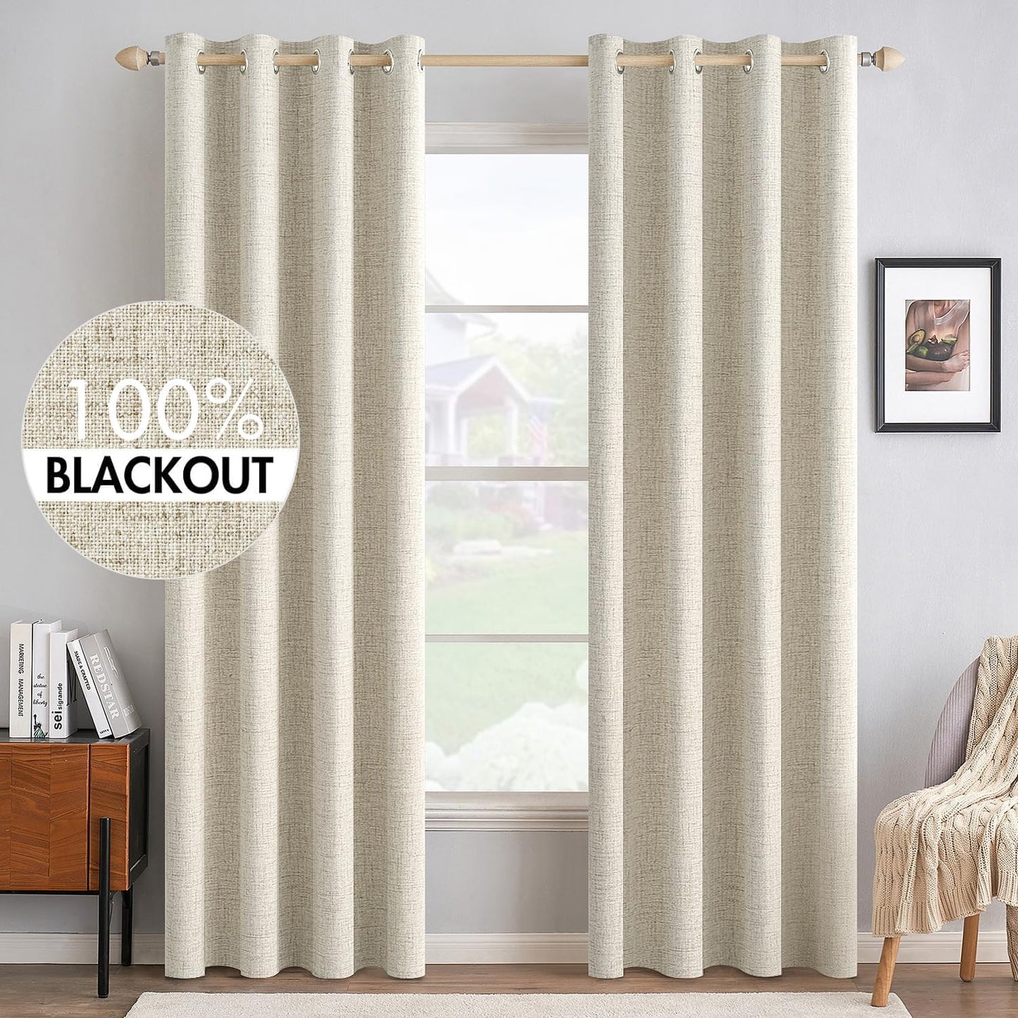 MIULEE 100% Blackout Linen Textured Curtains - Thermal Insulated Cream Drapes | 52 x 96 Inch (2 Panels)