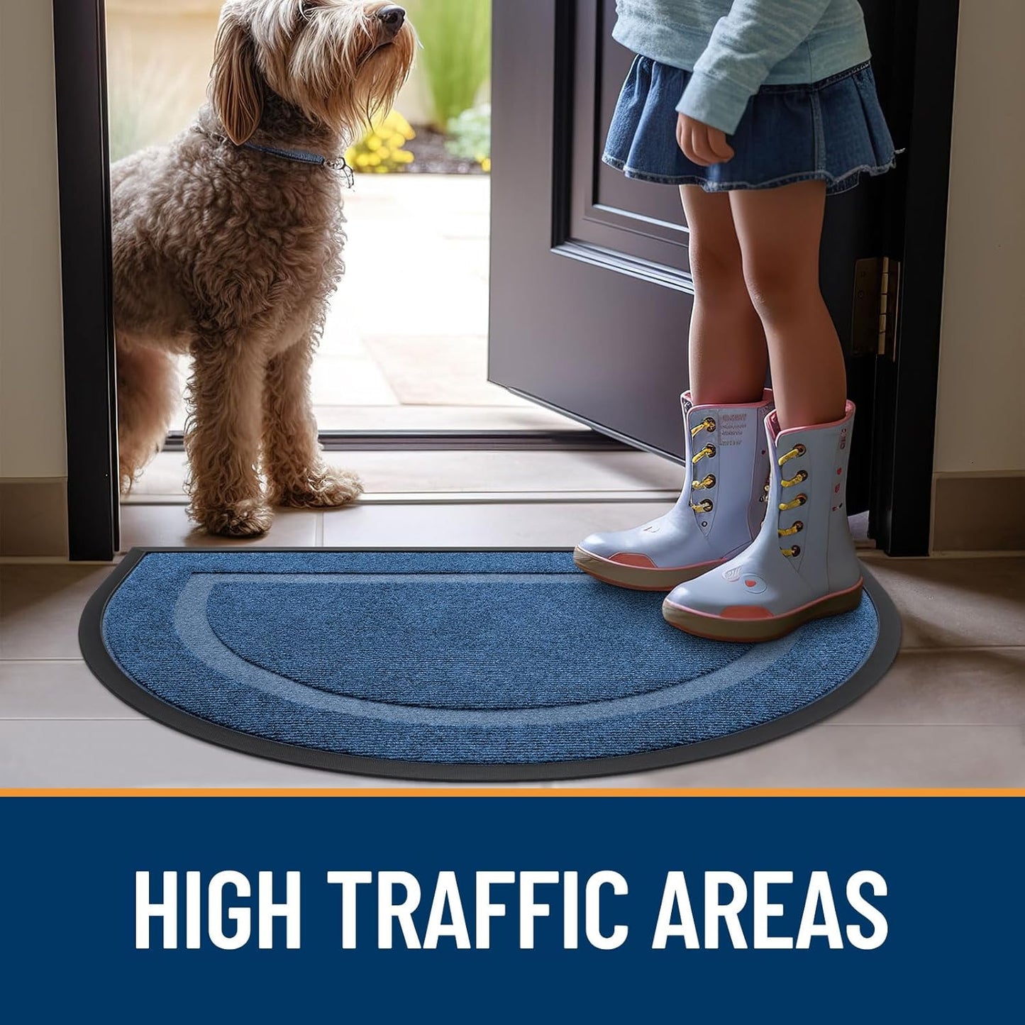 OLANLY Half Circle Door Mat - Waterproof All-Season Doormat for Indoor/Outdoor Use | 58x23, Light Blue