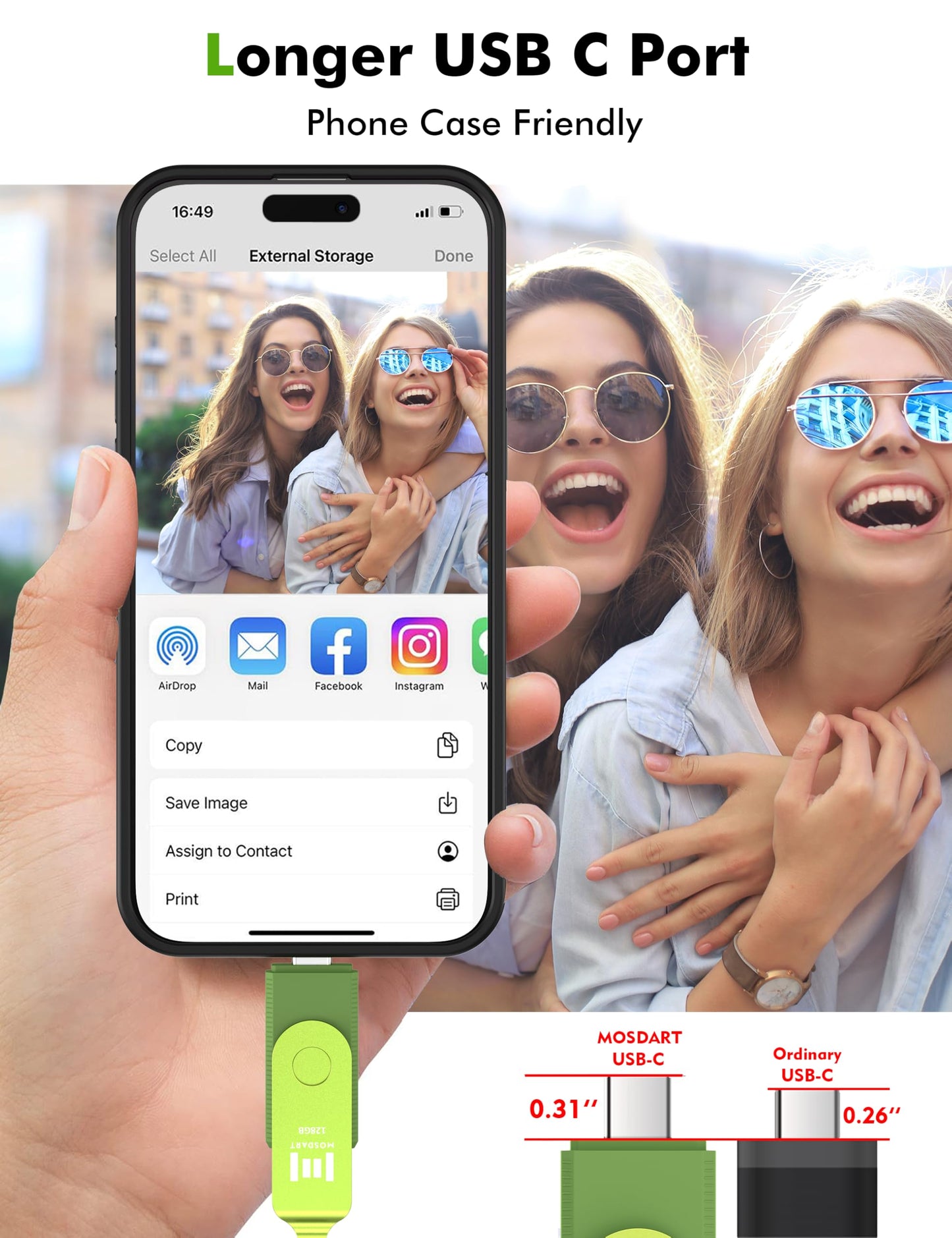 MOSDART 128GB USB C 3.2 Fast Speed C and A Dual Flash Drive, exFAT Memory Stick with Keychain and LED Indicator, for iPhone 15,16, 17, Android Phone, iPad, MacBook, and Other Laptops, Green