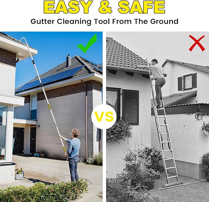 Gutter Cleaning Tools from Ground, 12FT Telescoping Pole (20FT Reach) - Heavy-Duty Zinc Alloy Head, 360Â° Spray Nozzle & Leak-Proof Kit, No Ladder Needed for Roof Gutters