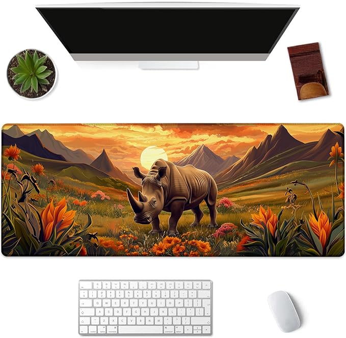 Kibue Rhino Gaming Mouse Pad, Sunset Floral and Wildlife Mousepads for Gaming Home Office Work, Extended Mats Computer Keyboard Laptop, 31.5×11.8 Inch Large Desk Mat with Non-Slip Rubber Base