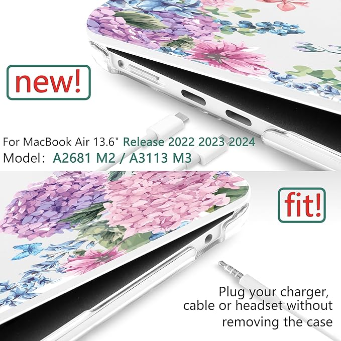 TWOLSKOO for MacBook Air 13 inch Case M5 2026 M4 2025 M3 M2 2024-2022 A3449 A3240 A3113 A2681, Plastic Hard Shell & Keyboard Cover & Screen Film for MacBook Air 13.6 inch Case, Colorful Hydrangea