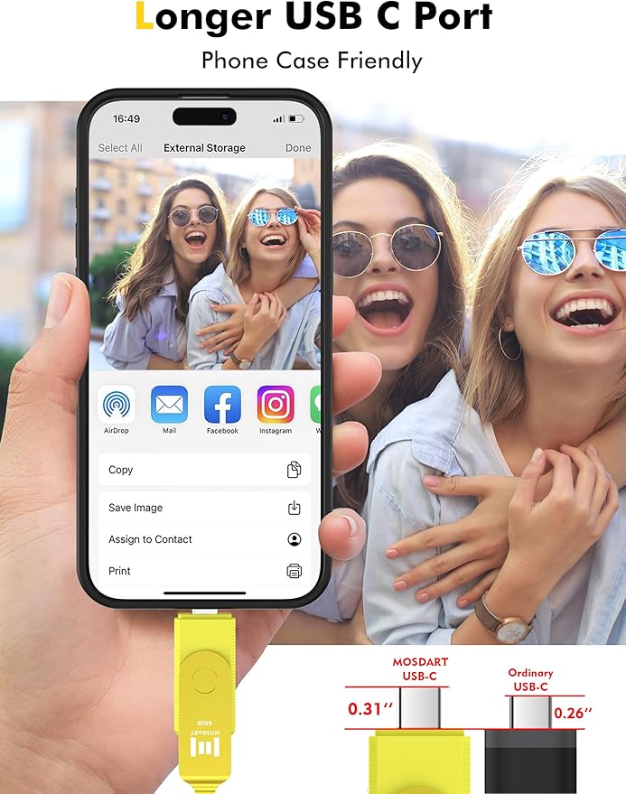 MOSDART 64GB USB C 3.2 Fast Speed C and A Dual Flash Drive, exFAT Memory Stick with Keychain and LED Indicator, for iPhone 15,16, 17, Android Phone, iPad, MacBook, and Other Laptops,Yellow