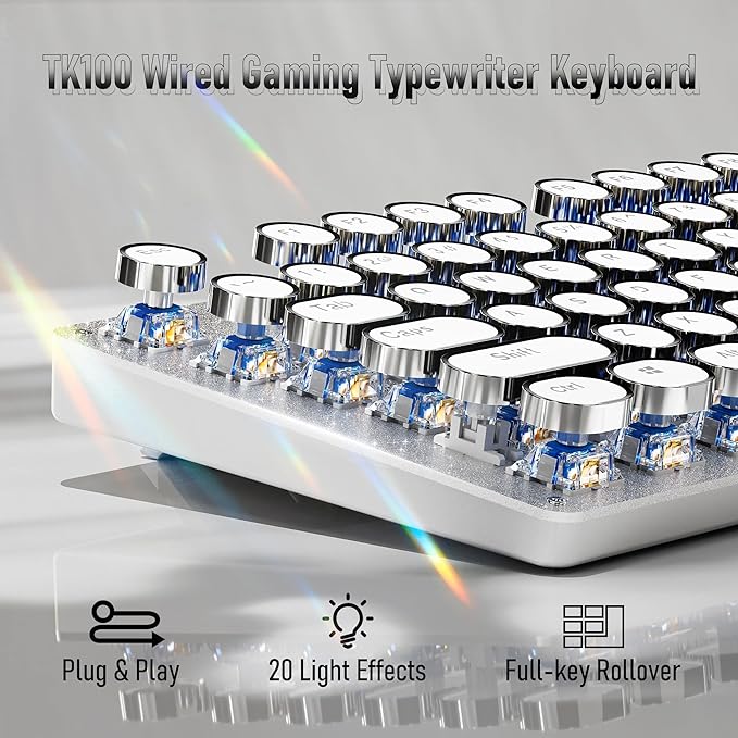 SEUNKWANG EWEADN TK100 Typewriter Style Wired Mechanical Keyboard, 104 Keys Aesthetic Typewriter Keyboard with White Backlit, Anti-Ghosting, Blue Switch Wired Cute Keyboards-White