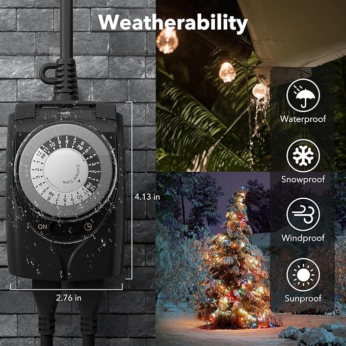 HBN Outdoor Timer Outlet Waterproof, 24 Hour Mechanical Light Timers for Electrical Outlets Outdoor Weatherproof, 2 Grounded Outlets for Christmas Lights, Holiday Decorations, 15A 1/2HP