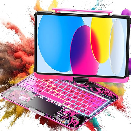 TSQQST Clear Wireless Keyboard Case for iPad (A16) 11th Generation 11-inch 2025/ iPad 10th Generation 10.9-inch 2022 with Pencil Holder & Multi-Touch Trackpad, 7-Color Backlit, 360 Rotatable, Pink