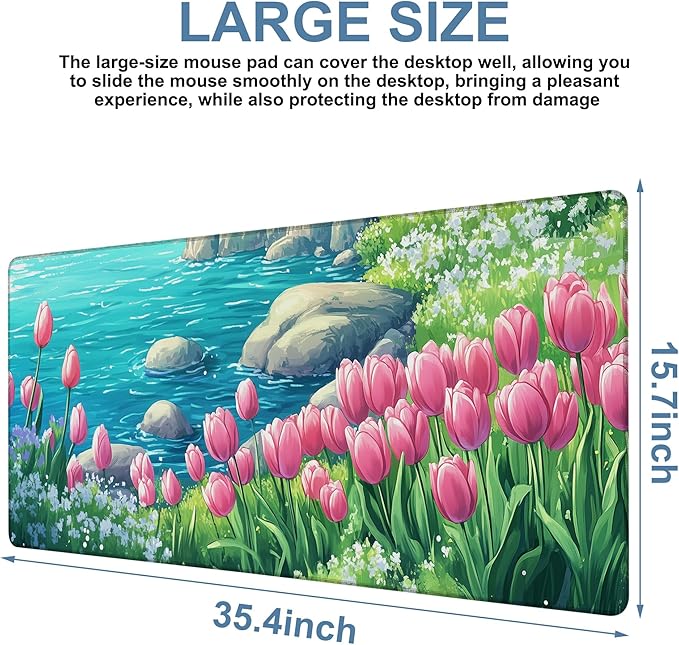 NITAHHHY Large Mouse Pad Blooming Tulips Gaming Desk Pad Computer Keyboard Non-Slip Waterproof Mouse Mat with Rubber Base and Stitched Edges Entertainment Office Writing Desk Mat 35.4 x 15.7 Inches