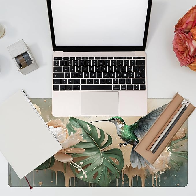 KOAIWPAE Desk Pad, Elegant Hummingbird Desk Mat, Oil Painting Flowers and Leaves Large Gaming Mouse Pad, 31.5"x15.7" Extended Big Computer Mouse Pad with Non-Slip Base and Stitched Edge