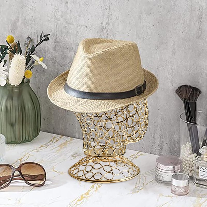 CHADWICK Wig Head Stand Metal Hollow Mannequin Head Hat Display Stand Wig Holder, Wig Display Model Head Wig Stand for Wigs, Hats, Caps, Headdress, Headphones, Dome + Detachable Stand, Chrome Gold