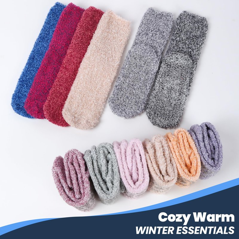 HUGSWEET 6 Pairs Thick Fuzzy Socks with Grip Cozy Non Slip Hospital Socks Home Fluffy Warm Slipper Socks Gifts for Women