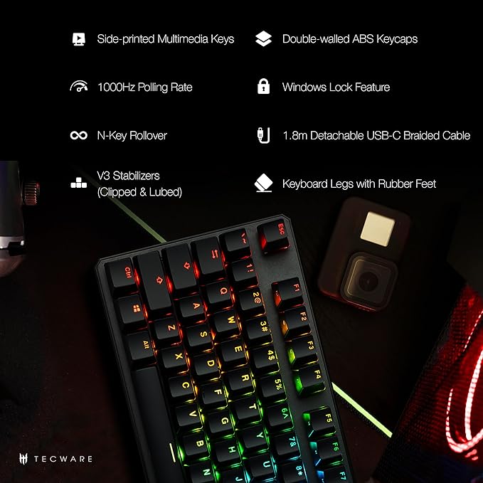 TECWARE Phantom+ 87 Mechanical Gaming Keyboard | RGB LED Backlit | Hot Swappable Wraith Red Switches | 87 Key TKL Layout | Thocky Sound Profile | Detachable USB-C Wired | Black