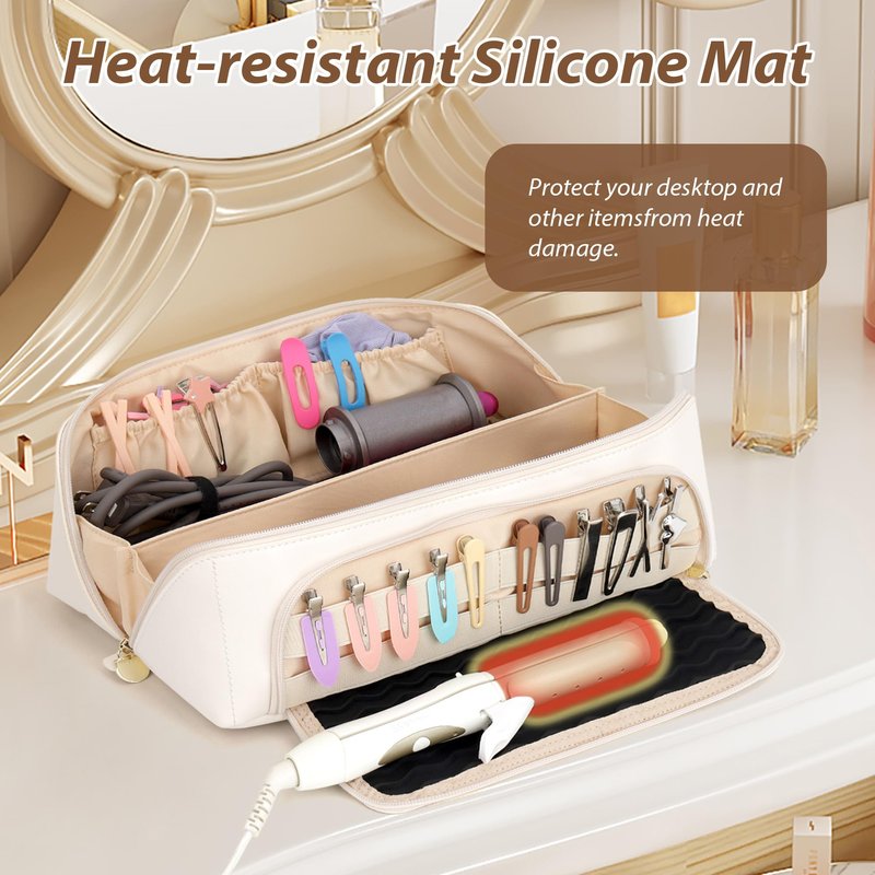 Linpr Hot Hair Tools Travel Bag with Heat Resistant Silicone Mat, 2 in 1 Hair Dryer Storage Bags, Women Travel Essentials Organizer Case for Curling Irons, Straighteners, Hot Air Brushes (White)
