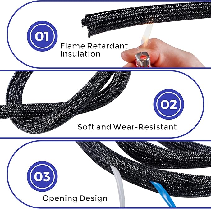 YCLYC Cable Management Sleeves 1in - 2 Pack 6.6ft Split Braided Sleeve Black, Protectors From Pets, Wire Organizers, Flexible Wrap for Computer Cord Management