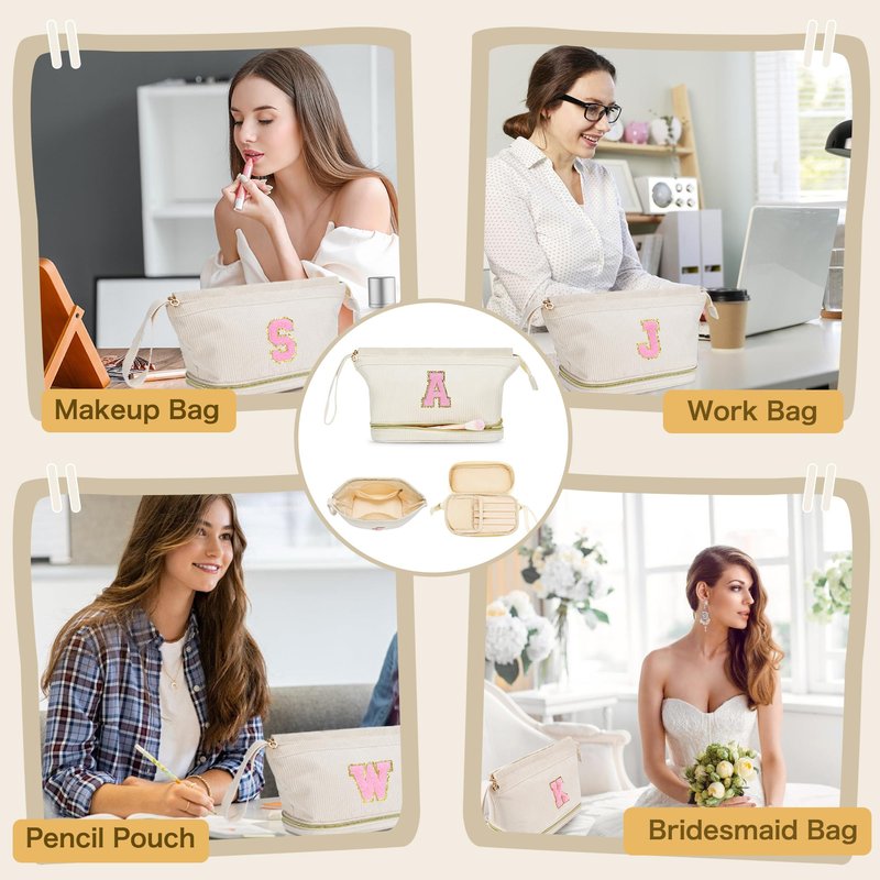 Makeup Bag for Girls Gift, Personalized Valentines Day Gifts Initial Women Makeup Bag for Travel, Double Layer Cosmetic Bag with Brush Organizer Preppy Make up Bag for Teen Girl Trendy - M
