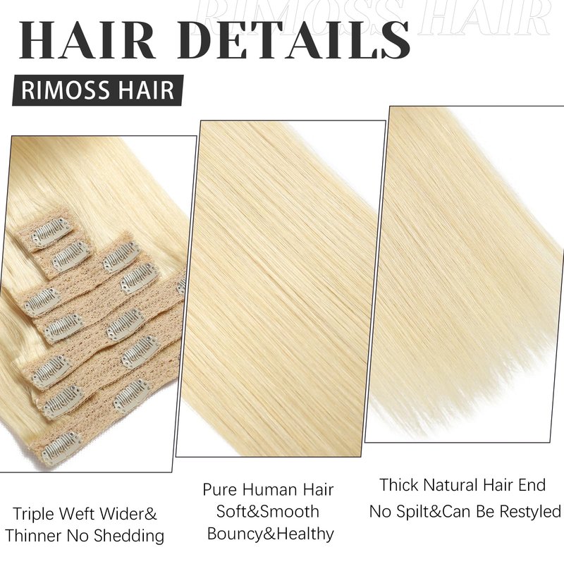 Rimoss Clip in Hair Extensions Real Human Hair - 120g 12 Inch 7pcs, Bleach Blonde Color - Premium Soft Remy Hair Extensions Real Human Hair Clip ins Straight for Women (#613 12 Inch)