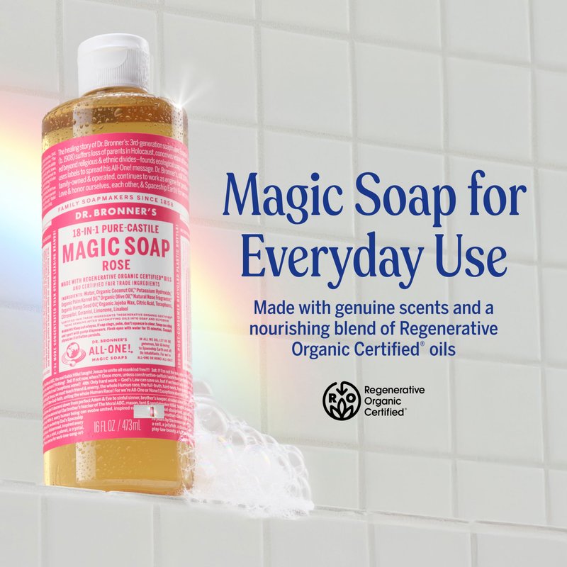 Dr. Bronner's Pure-Castile Magic Liquid Soap (Rose, 32 Ounce, 2-Pack)- Made with Regenerative Organic Certified Oils, 18-in1 Uses: Face, Hair, Hand & Body Soap, Laundry, Pets- Concentrated, Vegan