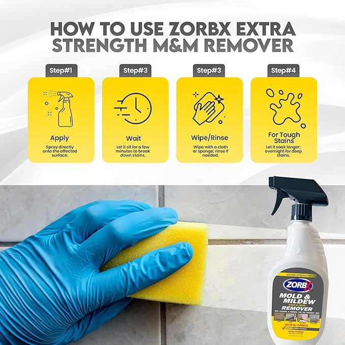 ZORBX Extra Strength Remover & Cleaner Spray 24 FL Oz â Scrub Free Formula - Bleach Free Stain & Smell Eliminator for Shower, Bathroom, Ceiling, Carpet, Cars, Walls & Wood