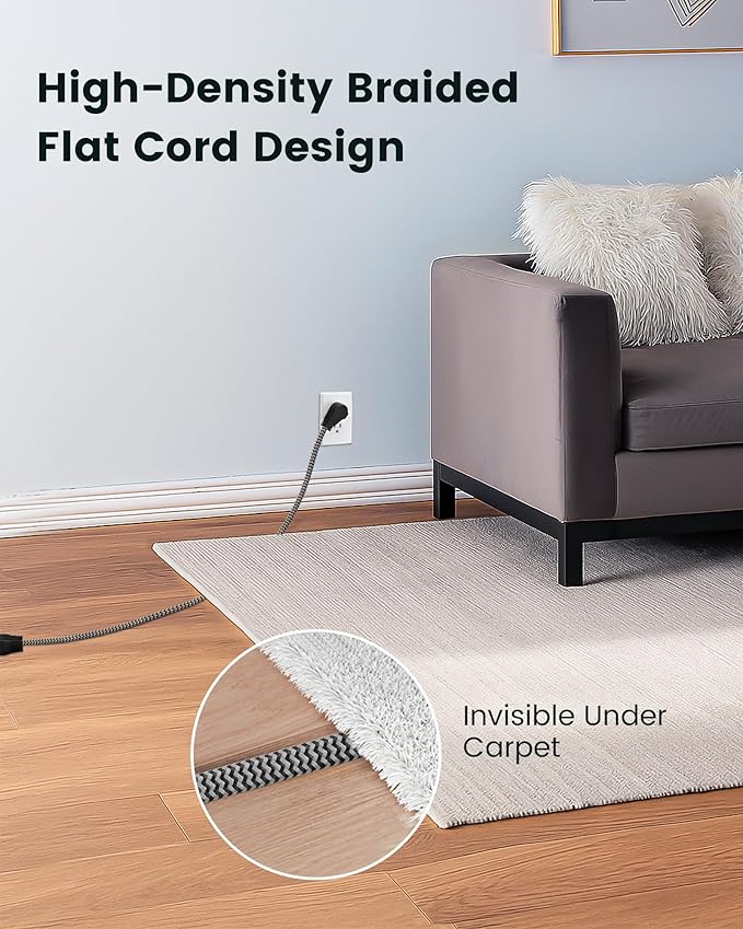 SURAIELEC 2-Pack Flat Extension Cord 3FT, 360° Rotating Plug, Braided Flat Plug with 3 Outlets, 16 AWG Thin Black Extension Cord for Indoor Use, Home, Office, Compact Spaces, ETL Listed