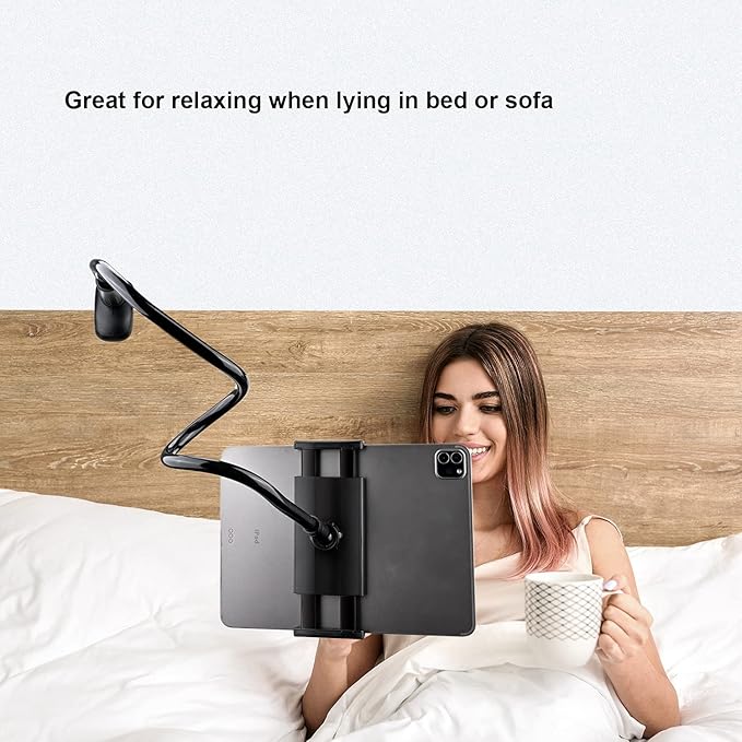SRMATE Gooseneck Tablet Kindle Holder Stand for Bed Reading,33in Flexible Long Arm Clamp Clip Mount for iPad, iPhone, Galaxy Tabs, Switch, Kindle Fire, Phone 4.7''-10.5'' Tablet Devices