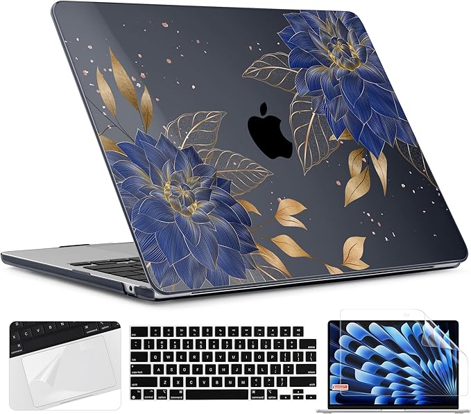 TWOLSKOO for MacBook Air 13 inch Case M5 2026 M4 2025 M3 M2 2024-2022 A3449 A3240 A3113 A2681, Plastic Hard Shell & Keyboard Cover & Screen Film for MacBook Air 13.6 inch Case, Dahlia Flowers