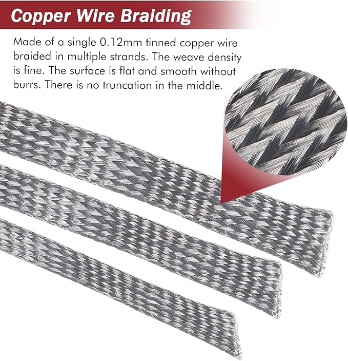 BuyUneed Tinned Copper Metal Braid Sleeving Wire Shielding Sleeve Braided Copper Ground Straps EMI/RFI Interference Expandable Flat Mesh Shielding Cable for Protect Wire (1/2inch-22ft)