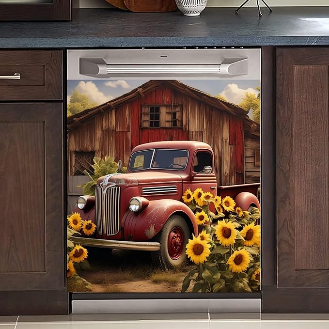 Farm Red Truck Dishwasher Magnet Cover Country Refrigerator Sticker for Kitchen Decor, Farmhouse Sunflower Magnetic Dishwasher Cover Panel, Reusable and Removable (23" W x 26" H Magnetic)