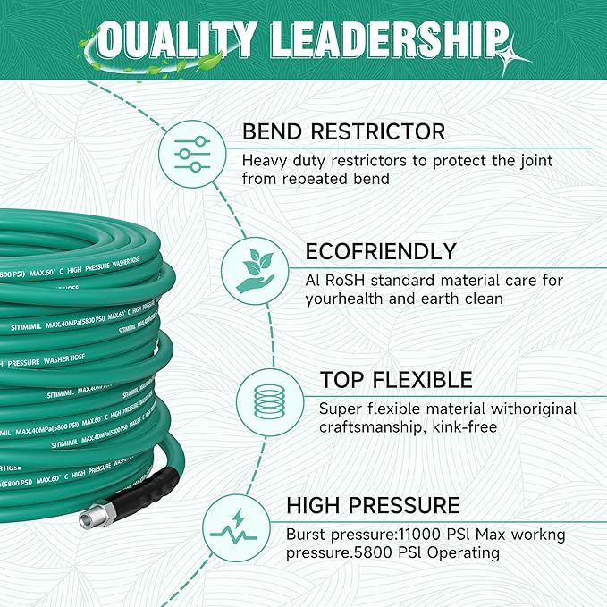 50FT Sewer Jetter Kit for Pressure Washer,1/4ââNPT Drain Cleaner Hose 5800PSI, with Adapter Corner Rotating Button Nose Sewer Jetting Nozzles Kit Pearl Corsage Pin Spanner Waterproof Tape