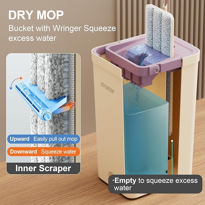 JOYMOOP Mop and Bucket Set (Beige & Blush Brown) with Extension Handle, Ideal for Floor, Window, and Wall Cleaning - Includes 3 Washable Microfiber Pads for Wet and Dry Use