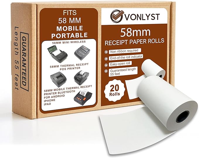 Vonlyst Receipt Paper Roll for 58mm Mobile Portable Thermal Printer (Pack 20 rolls)