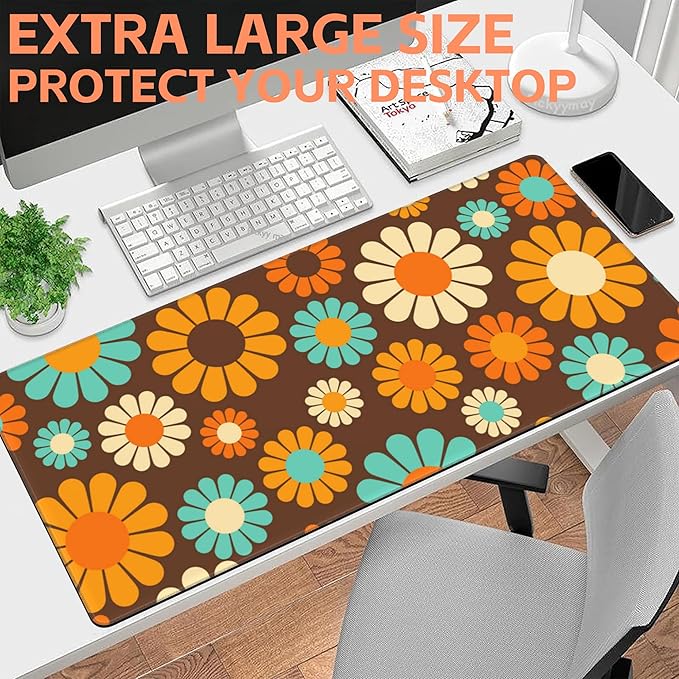NIYLYNSYN Mouse Pad Large Retro Flower Non-Slip Game Desk Mat with Stitched Edge Laptop Keyboard Desk Pad for Work Home Gaming (35.4 x 15.7 Inches)