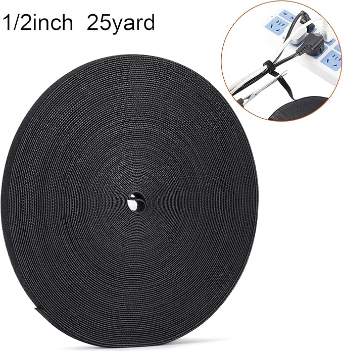 XINYIBO 1/2 inch Reusable Fastening Tape Cable Ties Double-Sided Hook-and-Loop Cable Management Tape (Black 25 Yards)