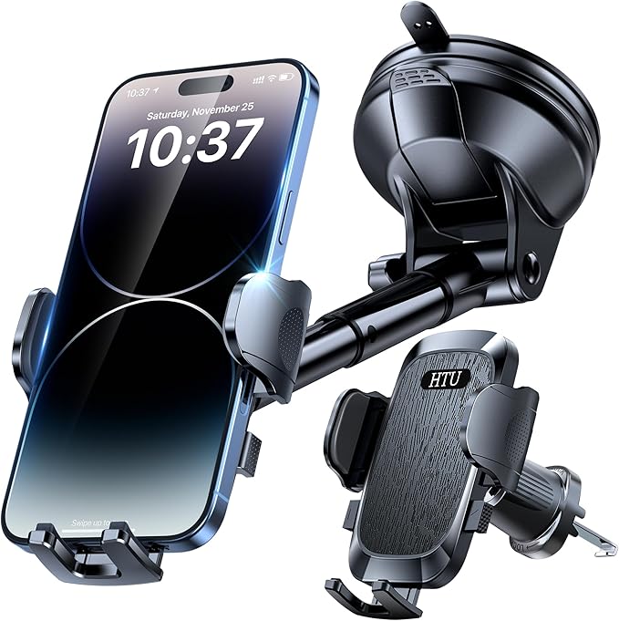 HTU Car Phone Holder【2026 Upgraded 100+LBS Suction & Safety Cert】 Cell Phone Car Mount for Truck Heavy Duty Phone Holder for Dashboard/Windshield/Vent for iPhone 17 16 Pro Max, Jet Black