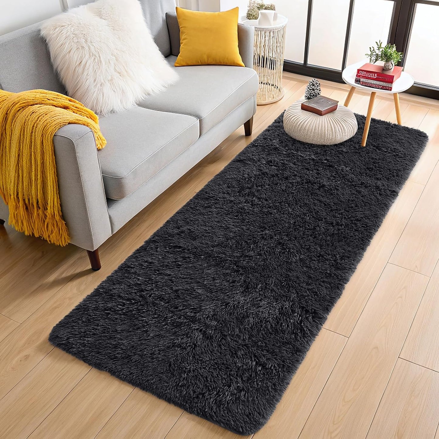 OLANLY 2x8 Machine Washable Runner Rug - Soft Fluffy Shaggy Design for Hallway & Bedroom - Black