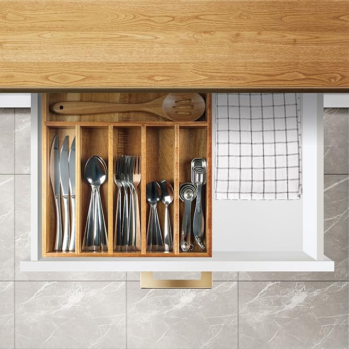 Acacia Wood Silverware Organizer, Kitchen Utensil Drawer Organizer for Forks & Spoons, 7-Compartment Cutlery Tray, Flatware Holder